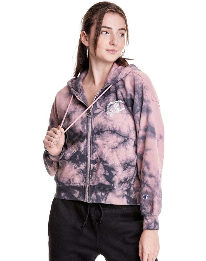 Champion Hoodie Dames - Beige/Zwart - Galaxy Dye Full Zip Boxy C Flower Logo ( 194230-AFU )